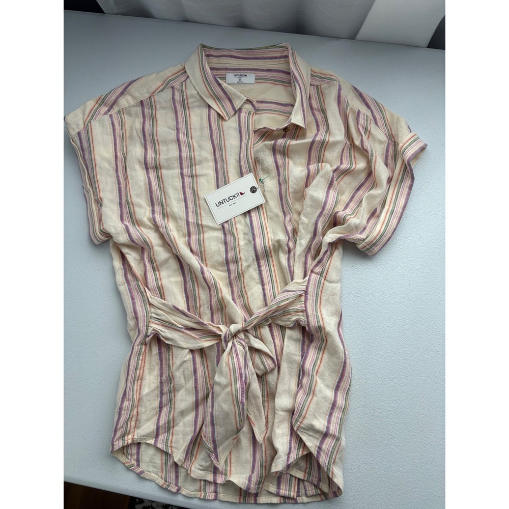 UNTUCKIT Issa Striped‎ Tie-Waist Shirt Top Blouse Short Sleeve Size 8